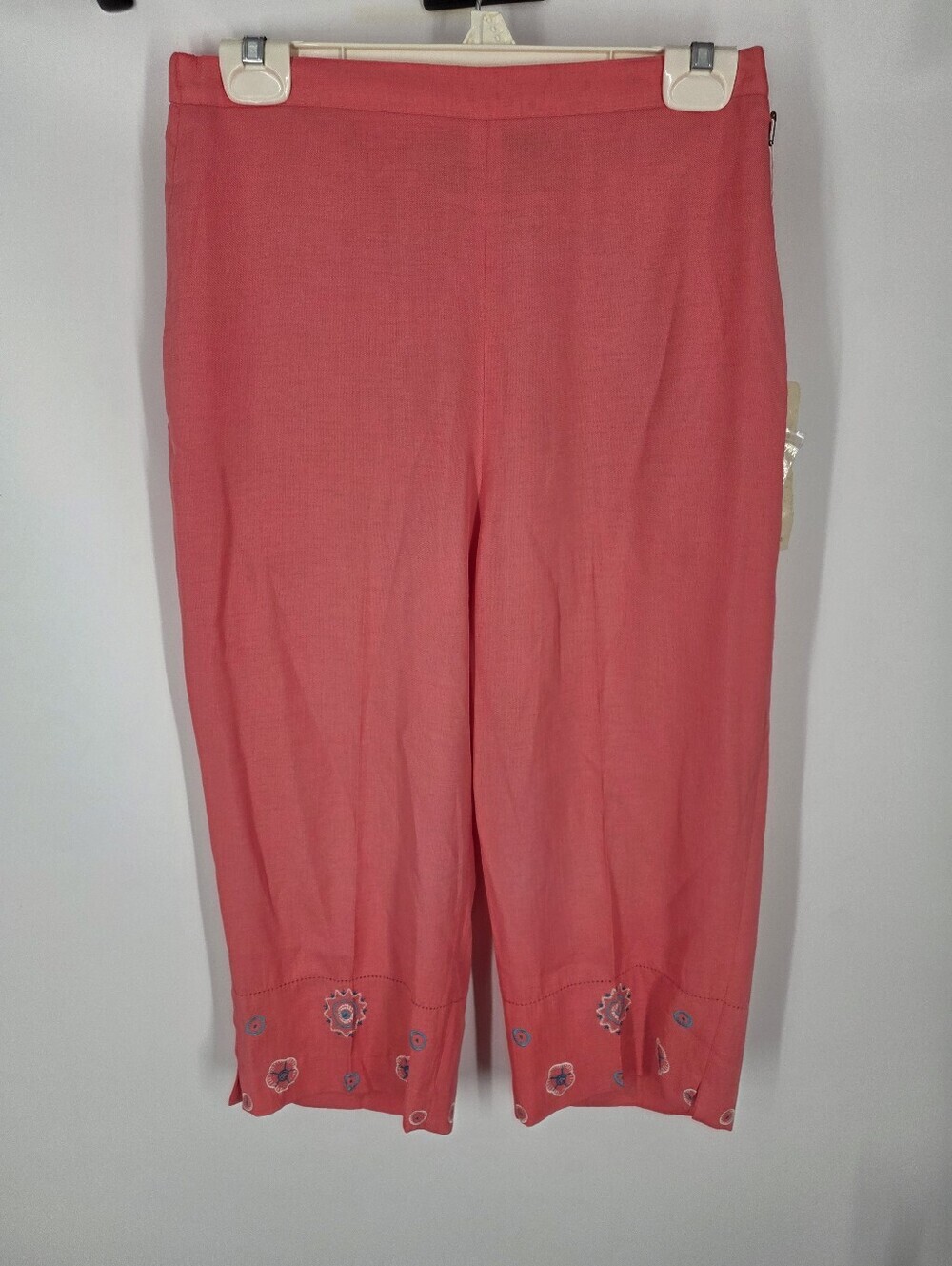 Patchington NWT Coral Pink Embroidered Hem Capri Pants Small Crop Linen Look